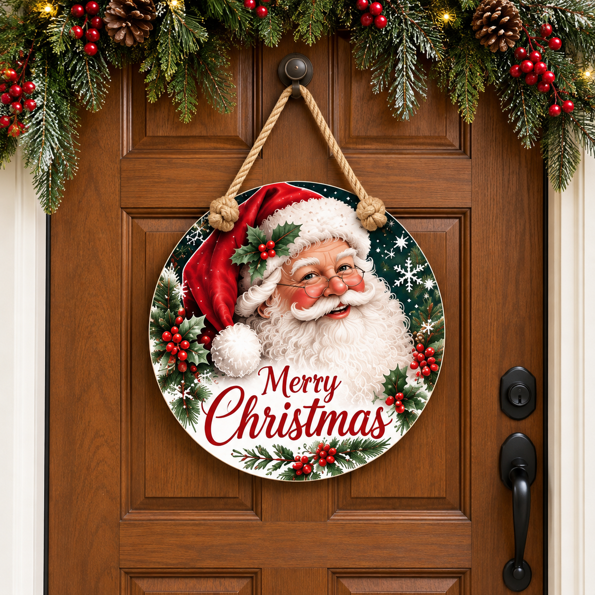 Vintage Santa Merry Christmas Round PVC Christmas Door Hanger 15.75 Inch — complete door hanger displayed on a front door