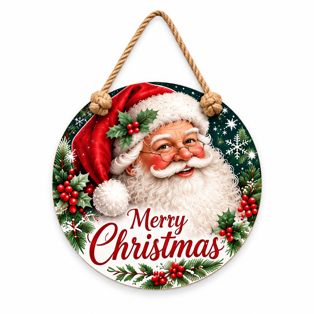 Vintage Santa Merry Christmas Round PVC Christmas Door Hanger 15.75 Inch — complete product and rope on white background
