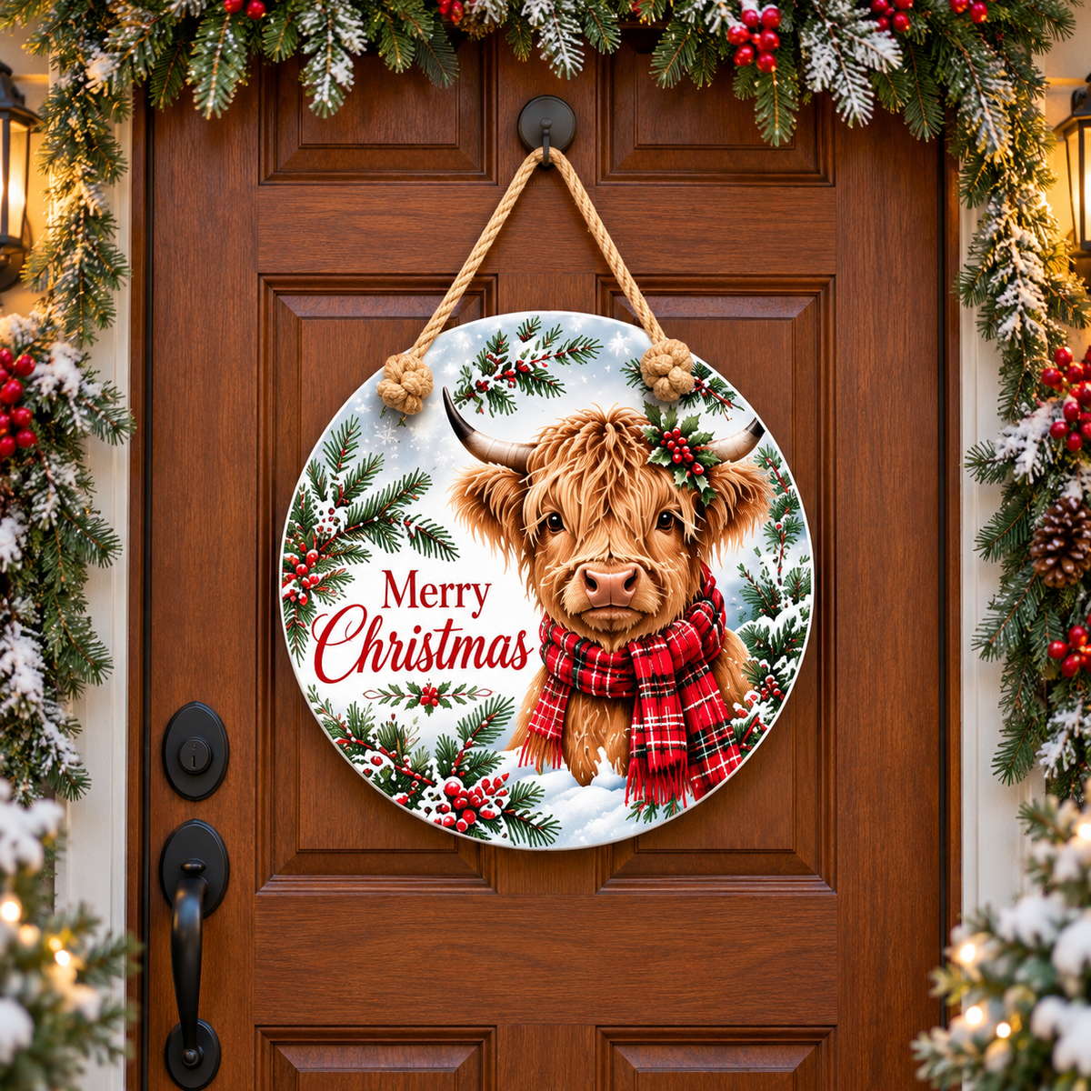 Christmas Highland Cow Round PVC Christmas Door Hanger 15.75 Inch — complete door hanger displayed on a front door