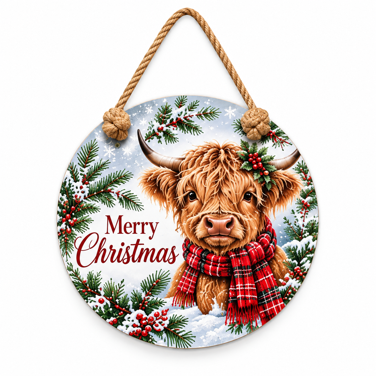 Christmas Highland Cow Round PVC Christmas Door Hanger 15.75 Inch — complete product and rope on white background
