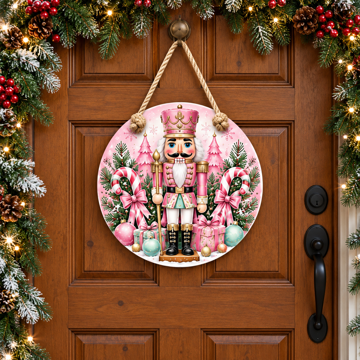 Pink Christmas Nutcracker Round PVC Christmas Door Hanger 15.75 Inch — complete door hanger displayed on a front door