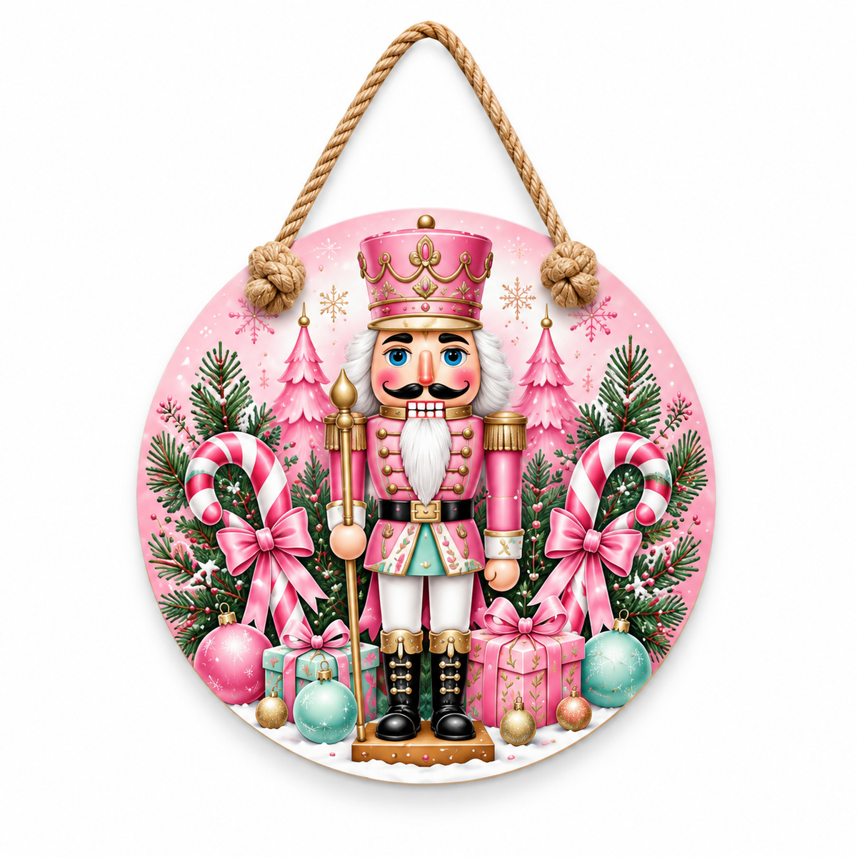 Pink Christmas Nutcracker Round PVC Christmas Door Hanger 15.75 Inch — complete product and rope on white background