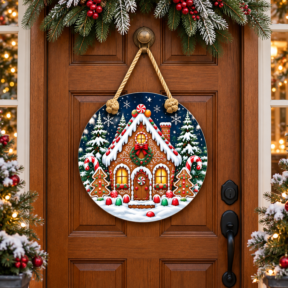 Gingerbread Christmas House Round PVC Christmas Door Hanger 15.75 Inch — complete door hanger displayed on a front door