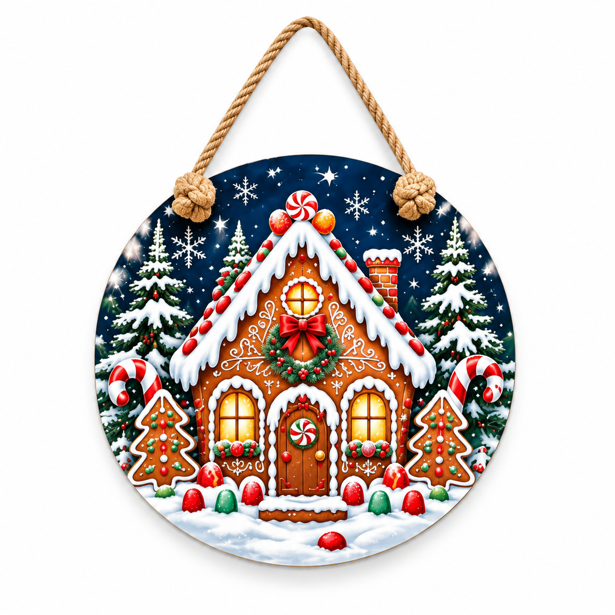 Gingerbread Christmas House Round PVC Christmas Door Hanger 15.75 Inch — complete product and rope on white background
