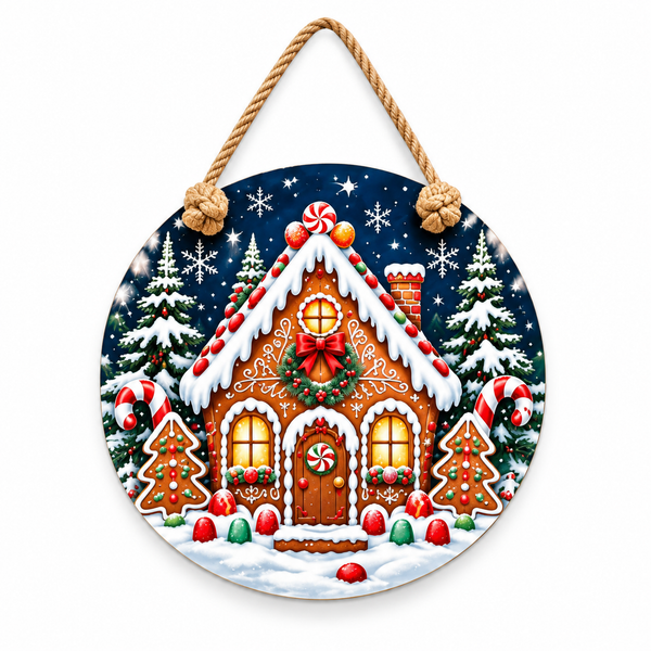 Gingerbread Christmas House Round PVC Christmas Door Hanger 15.75 Inch — complete product and rope on white background