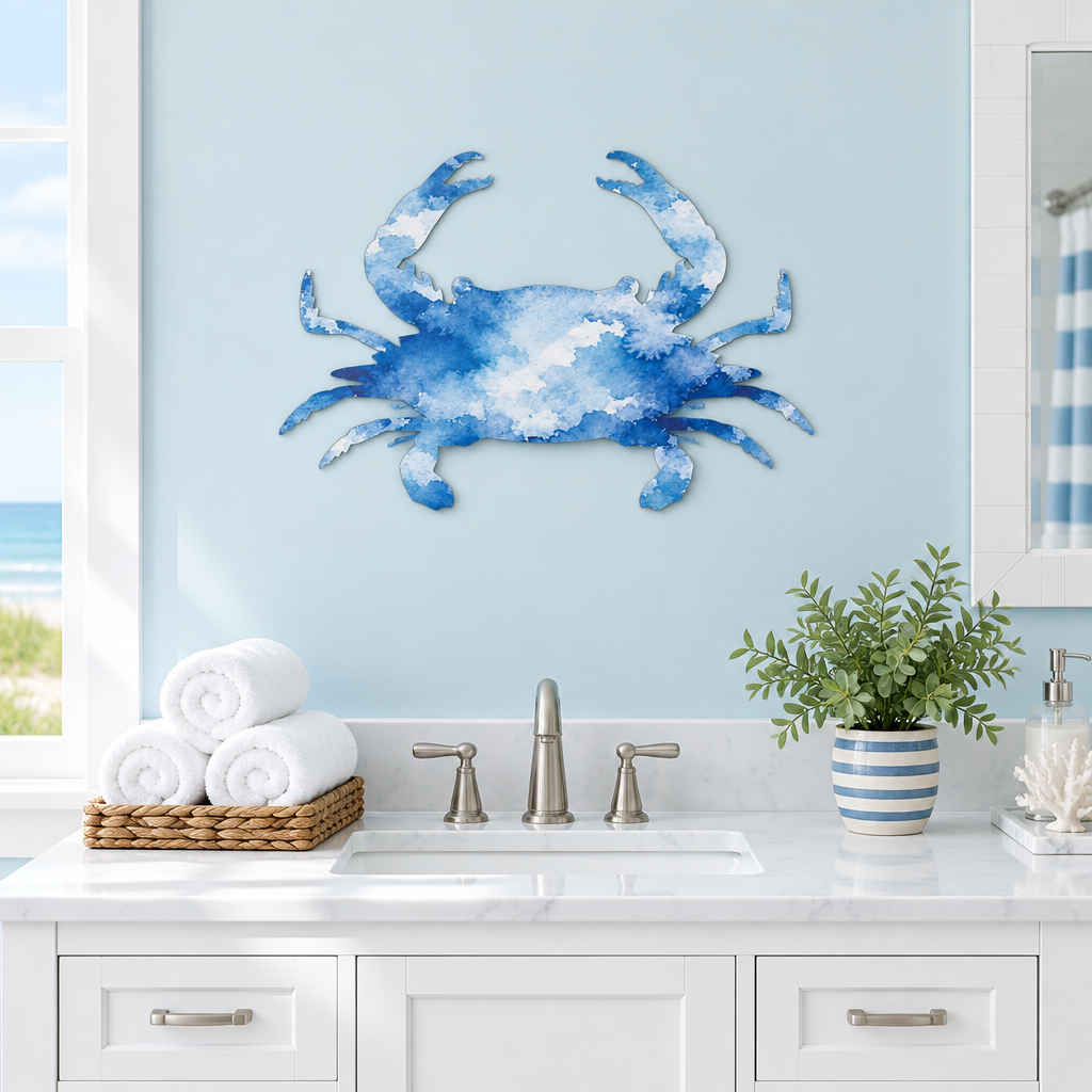 Crab wall art in a coastal bathroom