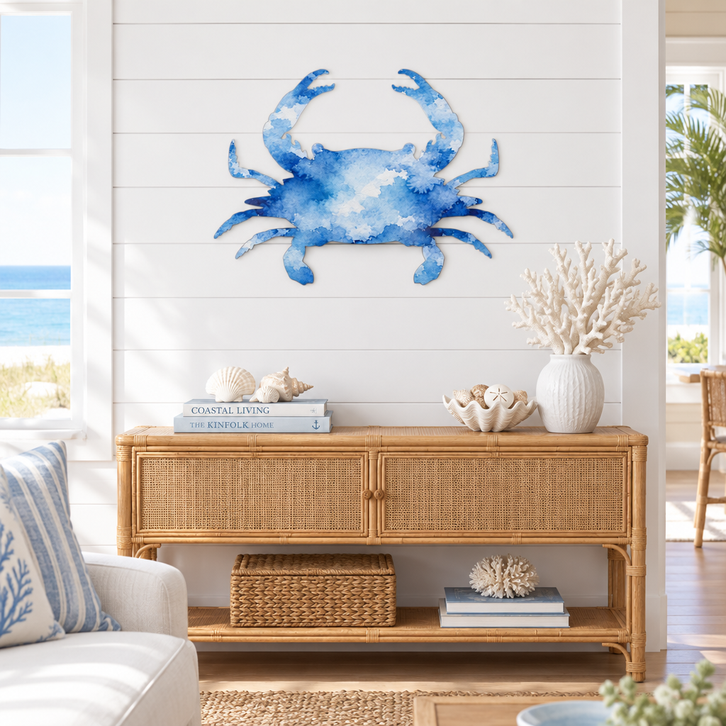 Crab wall art in a coastal living room