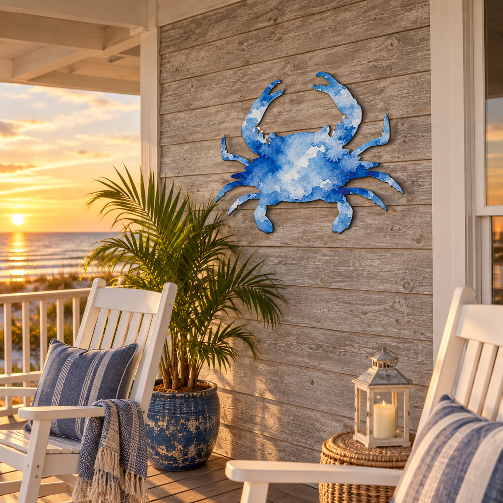 Crab wall art on a beach house porch