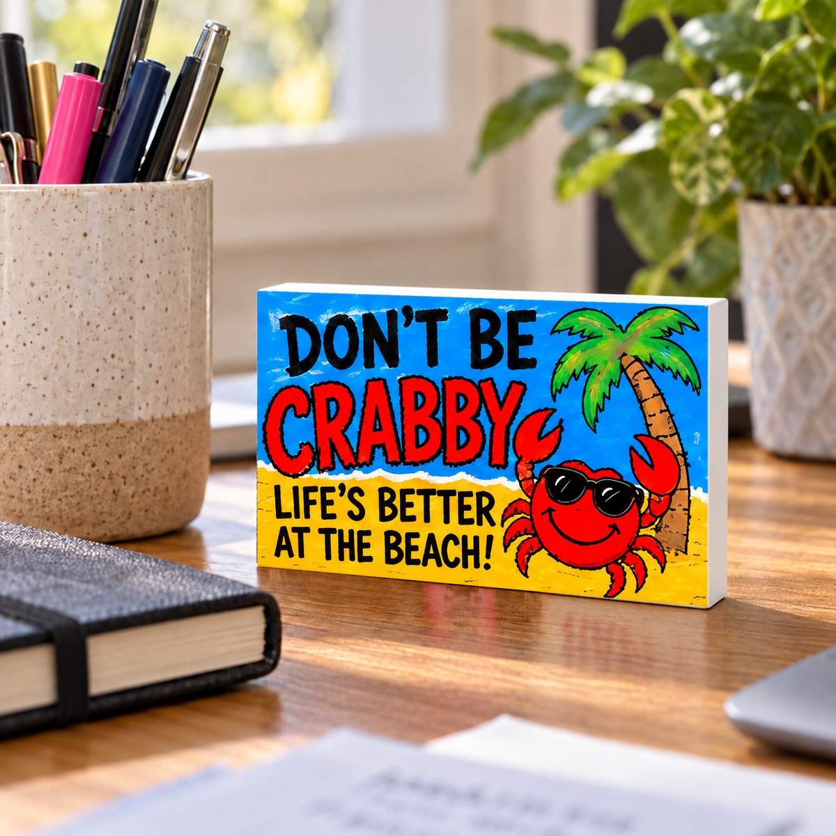 Don't Be Crabby Life's Better at the Beach rectangular mini sign standing on a desk with white PVC edges.