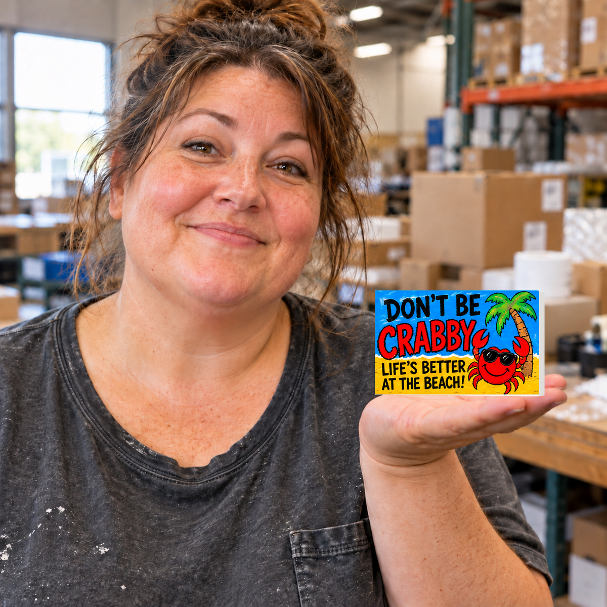 Don’t Be Crabby, Life’s Better at the Beach rectangular magnet held on an open palm in a warehouse setting.