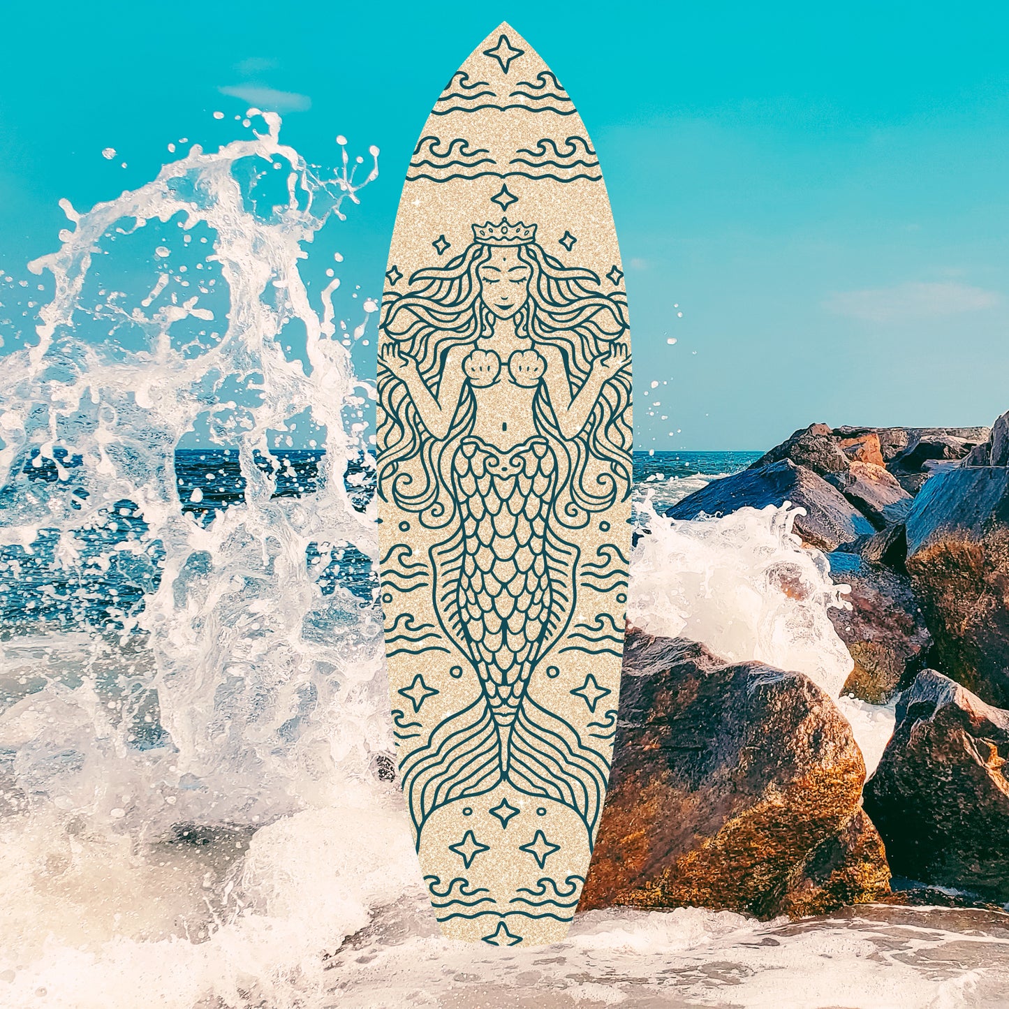Outdoor Mermaid Surfboard Wall Art – Weatherproof PVC – Coastal Mermaid Sign for Beach House or Pool Area, Sand 3ft
