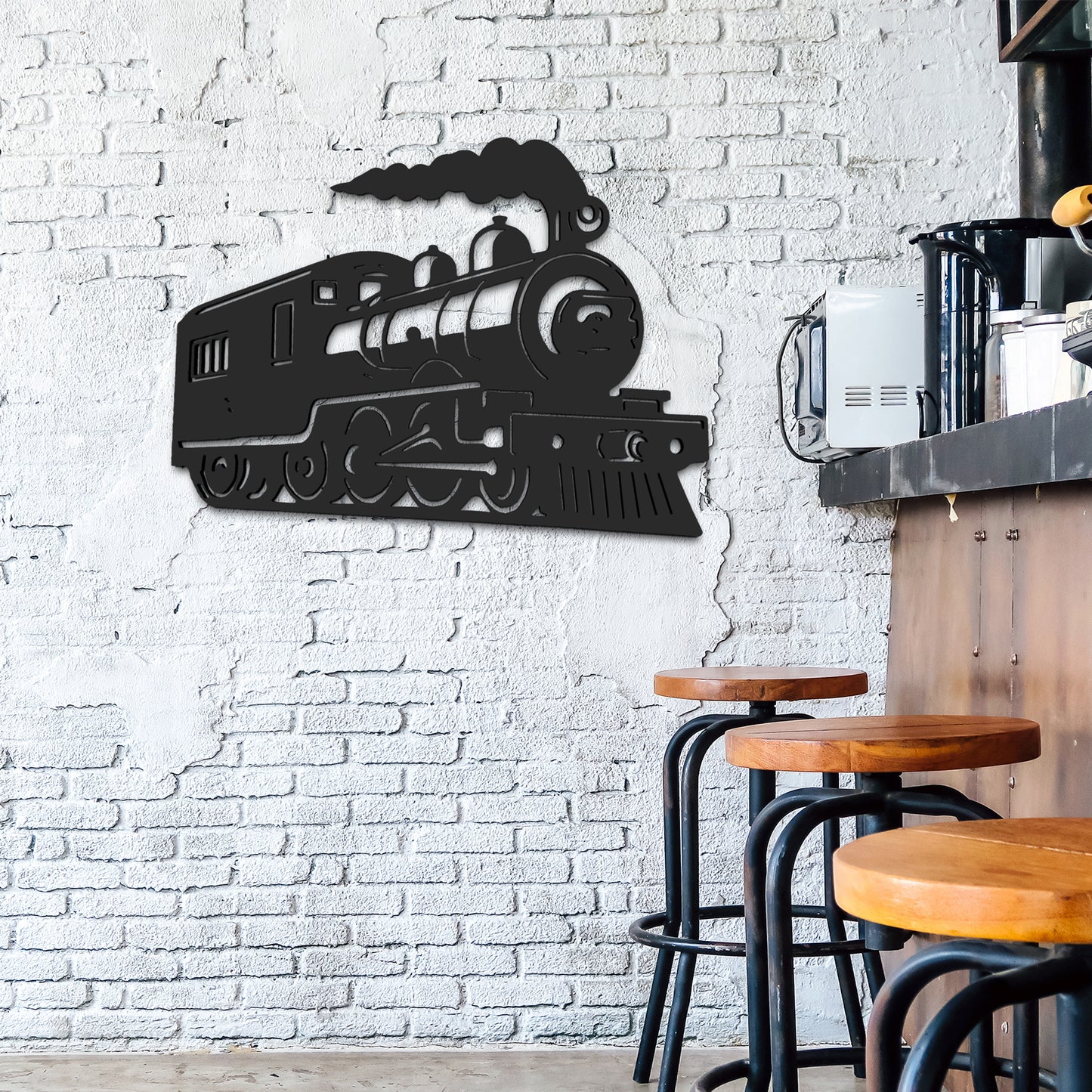 Outdoor Train Steam Locomotive Wall Art – Black PVC Railroad Decor – Weatherproof Train Car Sign