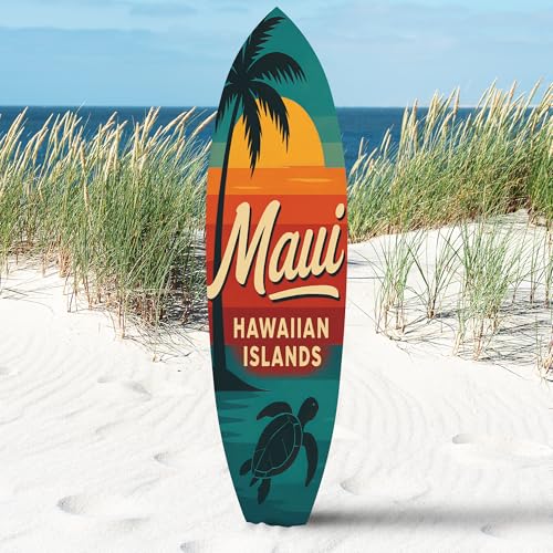 Outdoor Surfboard Wall Art - Maui Hawaiian Islands Sign with Palm Tree Sea Turtle, Coastal Beach House Decor Weatherproof PVC, 3 Foot