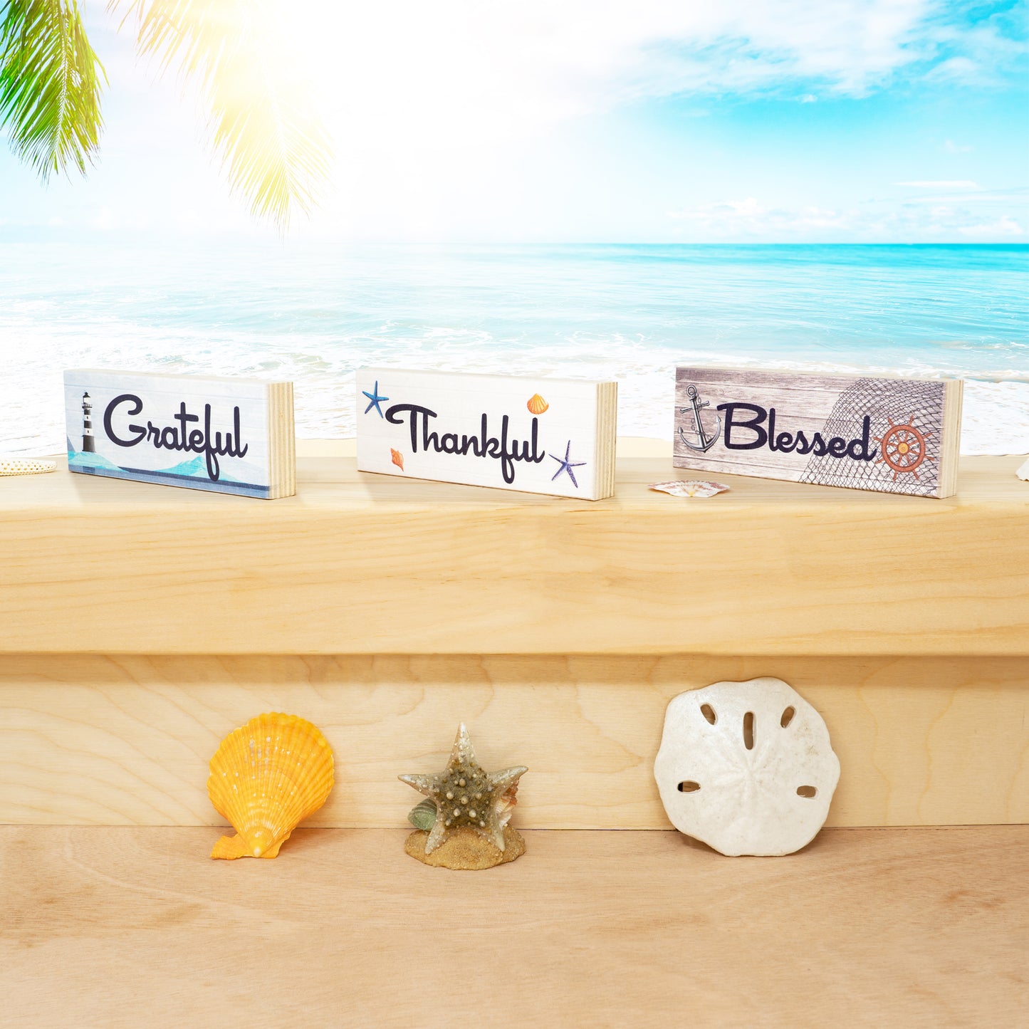 JennyGems Coastal Farmhouse Thankful Grateful Blessed Signs, Tiered Tray Decor 3 Mini Wood Block Signs, Beach House Decor, Beach Signs, Inspirational Quotes Friendship Gifts, Farmhouse Home Decor