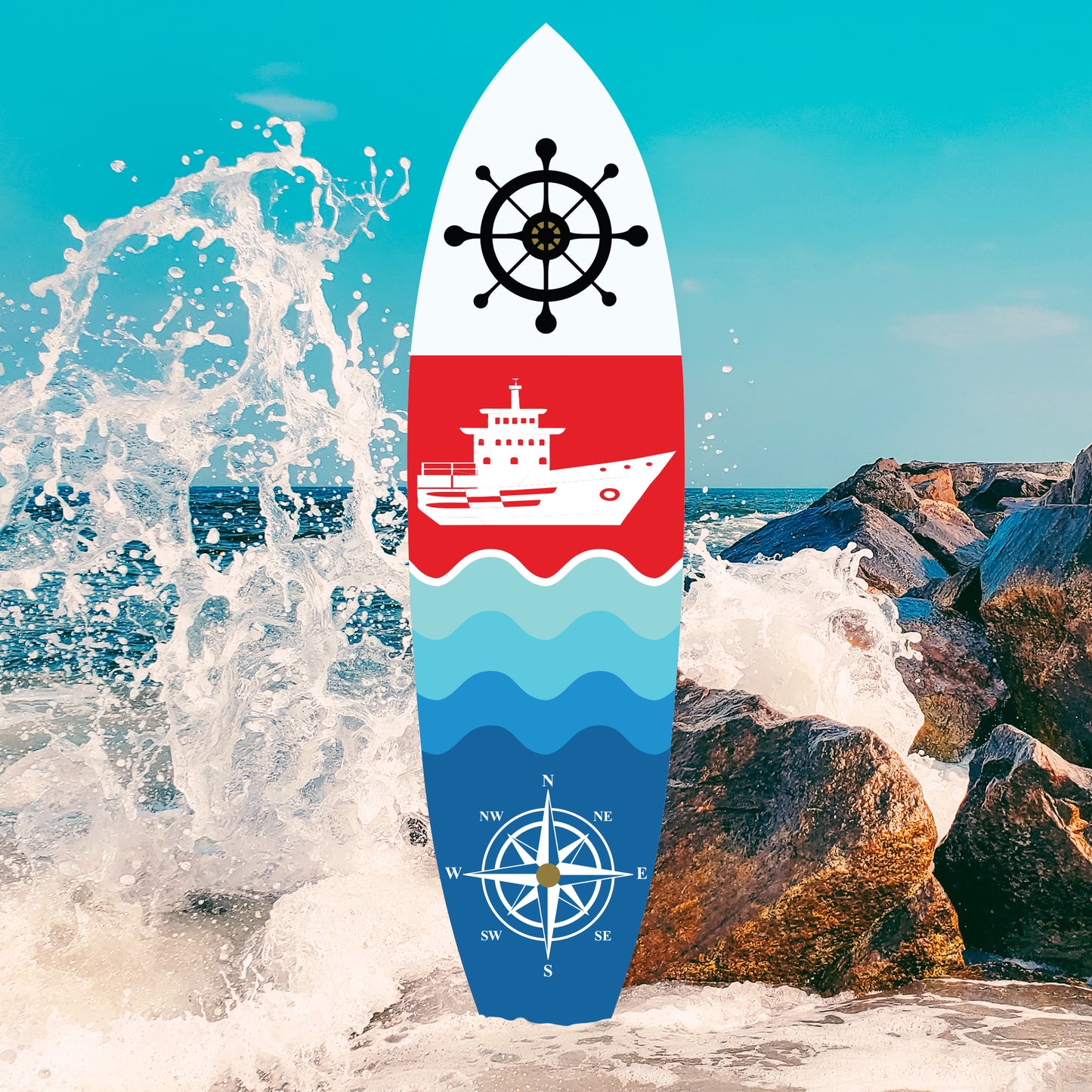 Outdoor Nautical Ship and Compass Surfboard Wall Decor, PVC, Surfboard Sign, Coastal Wall Art, Indoor Outdoor Use, 4 Foot