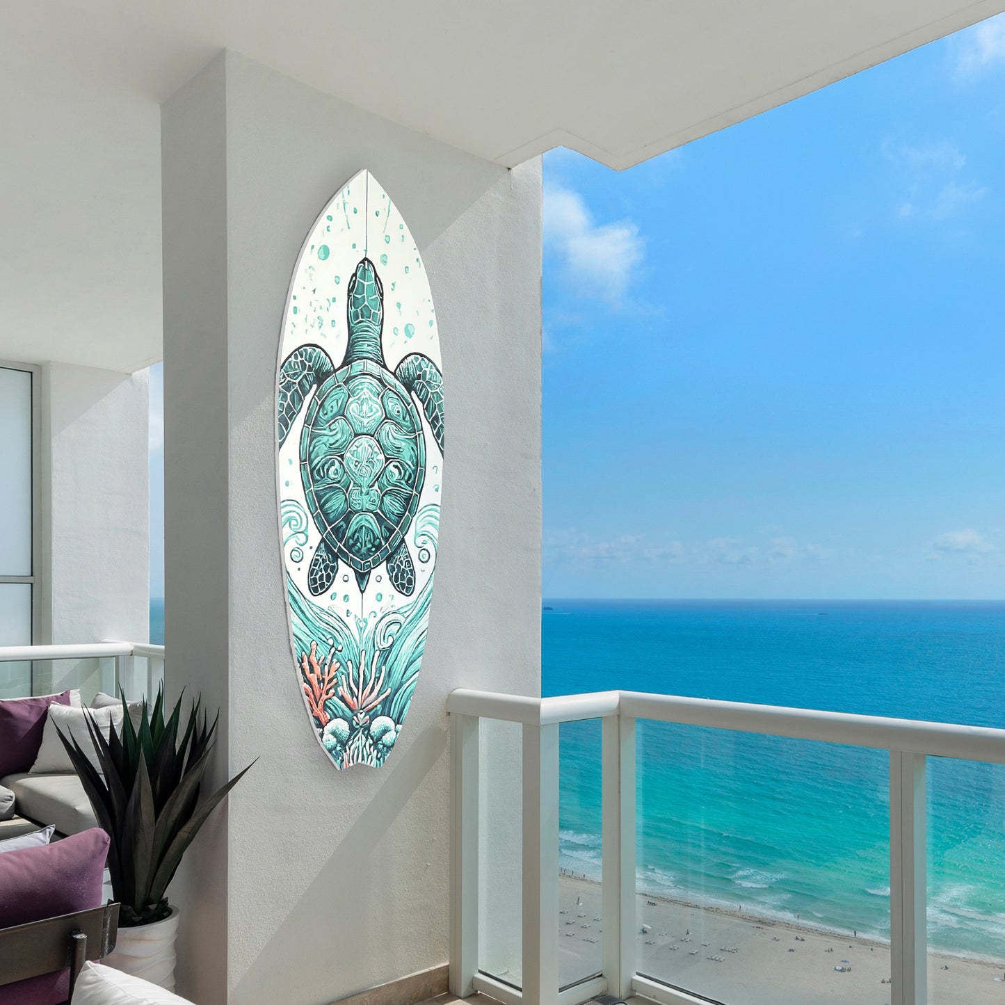 Decorative Outdoor Turtle Surfboard Wall Art, PVC, Weather Resistant, 5 Foot