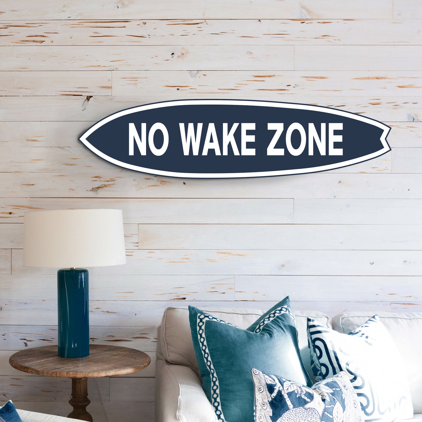 Outdoor No Wake Zone Surfboard Wall Art, Surfboard Sign, PVC for Outside and Inside, Blue and White Nautical Design, 5 Foot