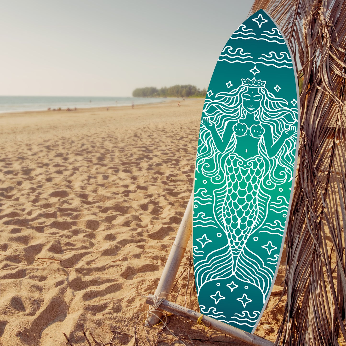 Outdoor Mermaid Surfboard Wall Art – Weatherproof PVC – Coastal Mermaid Sign for Beach House or Pool Area – Nautical Ocean Accent, Green 4ft