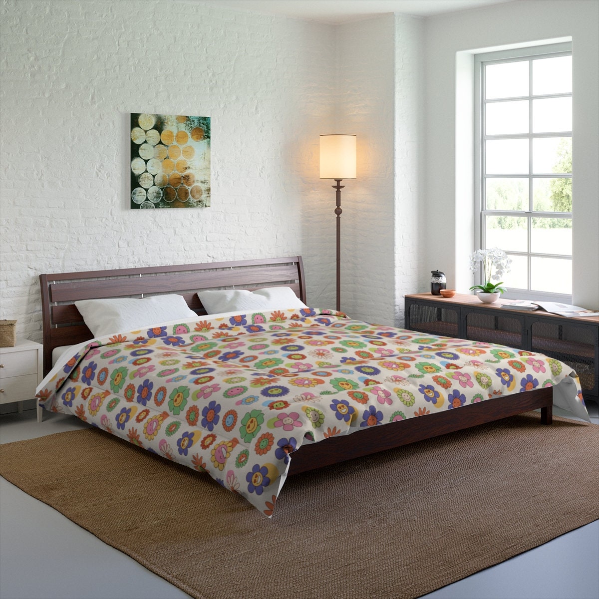 Retro Hippie Flower Bedding Comforter | 1960s Comforter and 1970s Themed Comforter, Flower Power Boho Vintage Inspired