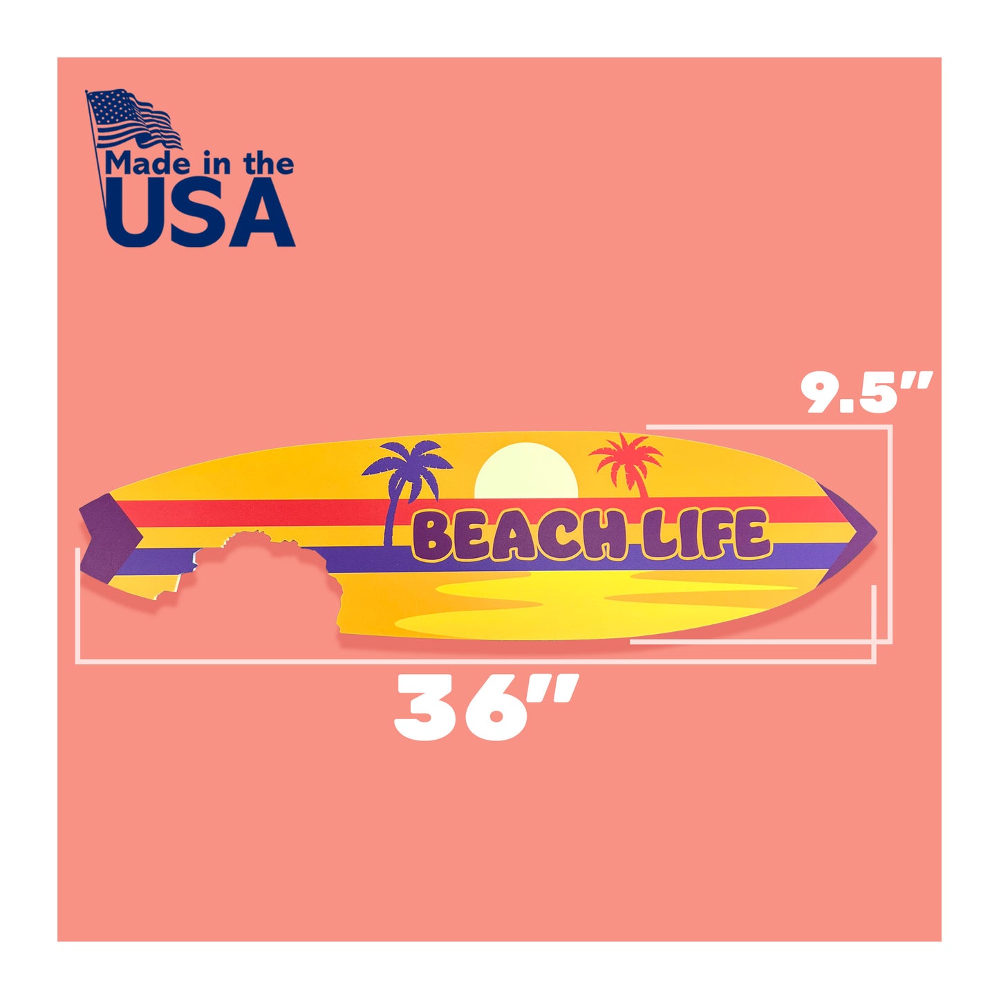 Outdoor Beach Life Surfboard Wall Art with Shark Bite, Nautical Beach Decor, Surfboard Sign, Outside Inside, Weather Resistant, 3 Foot