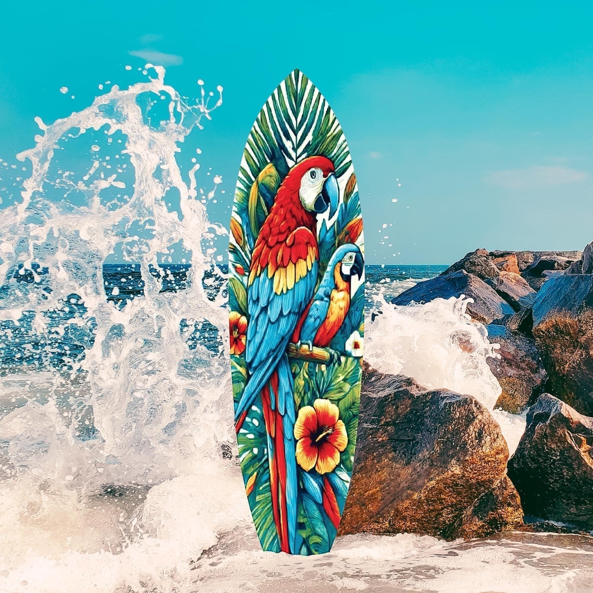 Tropical Parrot Surfboard Wall Art | Macaw Coastal Decor | Indoor