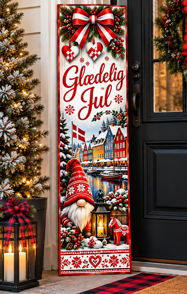 Danish Christmas porch board beside festive front door