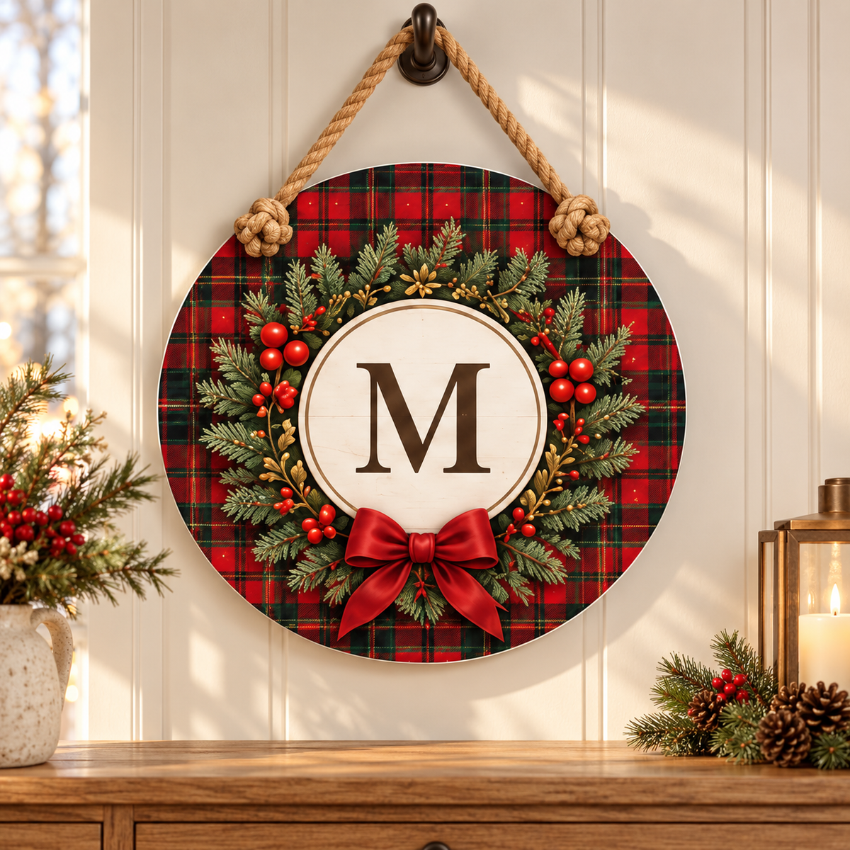 Tartan Monogram M Christmas 15-3/4-Inch PVC Rope Door Hanger entryway lifestyle