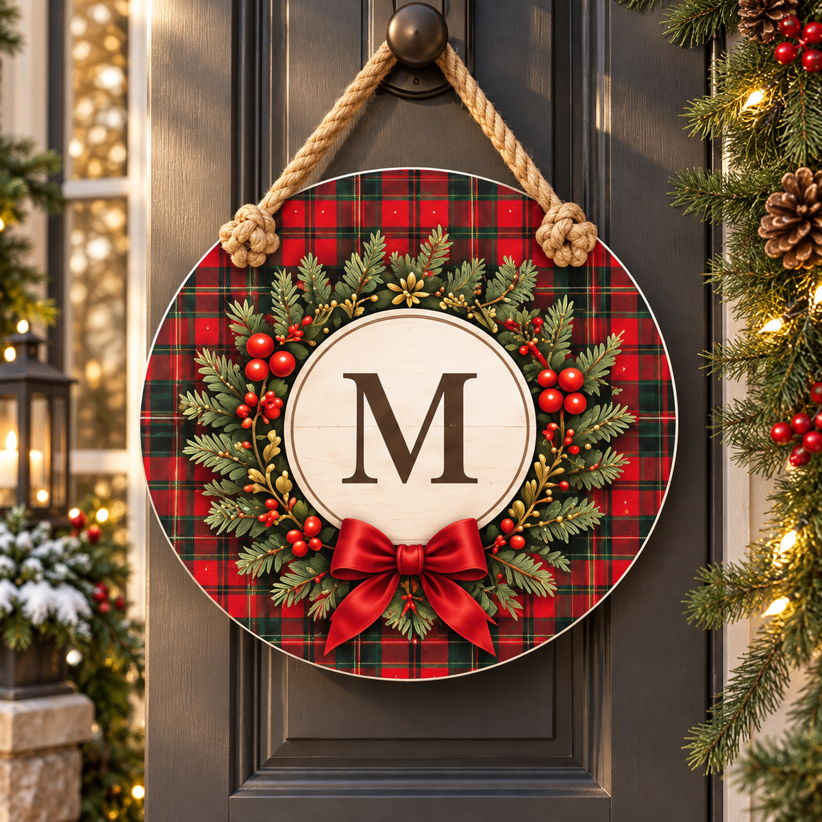 Tartan Monogram M Christmas 15-3/4-Inch PVC Rope Door Hanger porch lifestyle