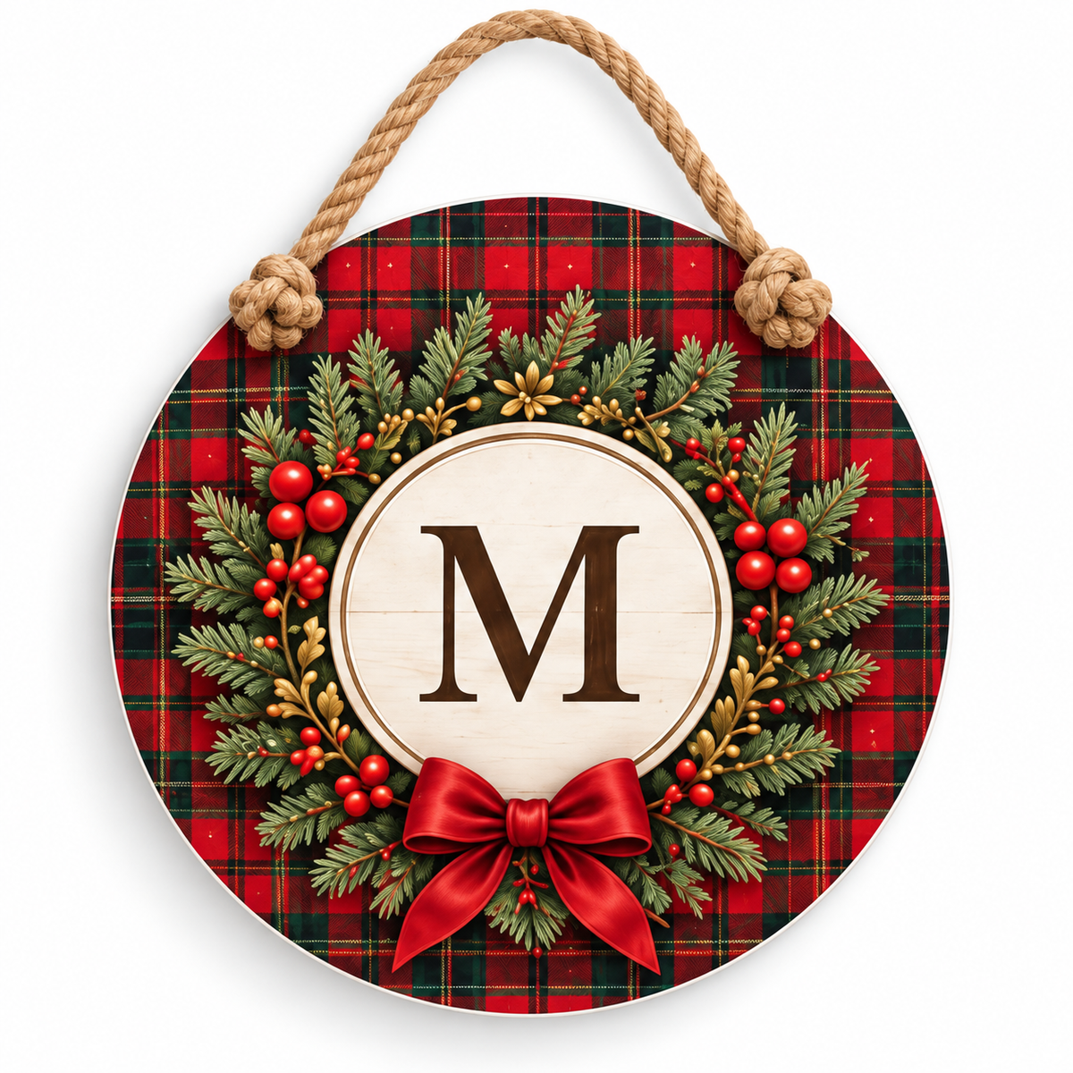 Tartan Monogram M Christmas 15-3/4-Inch PVC Rope Door Hanger white background with soft shadow