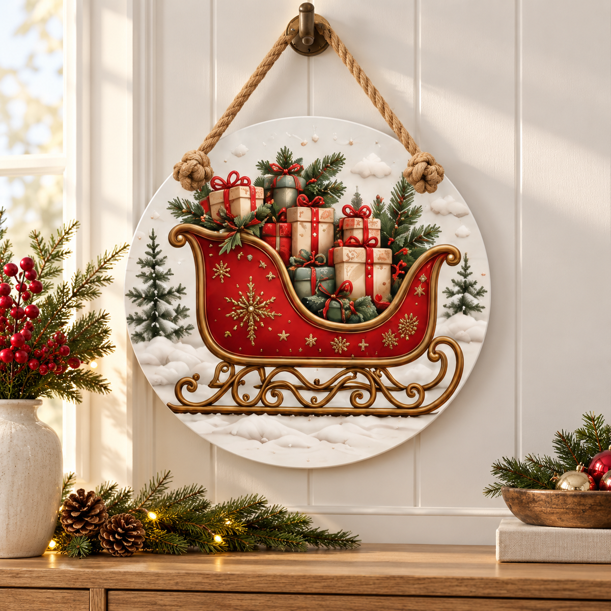 Vintage Sleigh Christmas 15-3/4-Inch PVC Rope Door Hanger entryway lifestyle