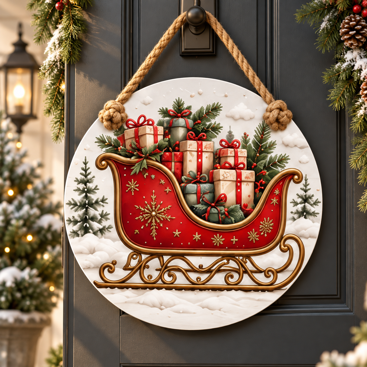 Vintage Sleigh Christmas 15-3/4-Inch PVC Rope Door Hanger porch lifestyle