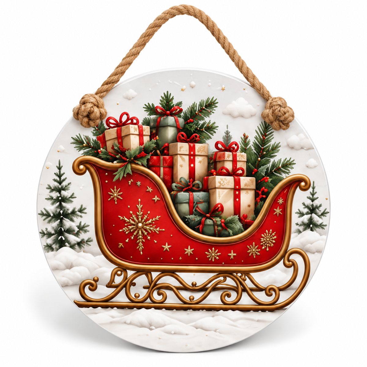 Vintage Sleigh Christmas 15-3/4-Inch PVC Rope Door Hanger white background with soft shadow
