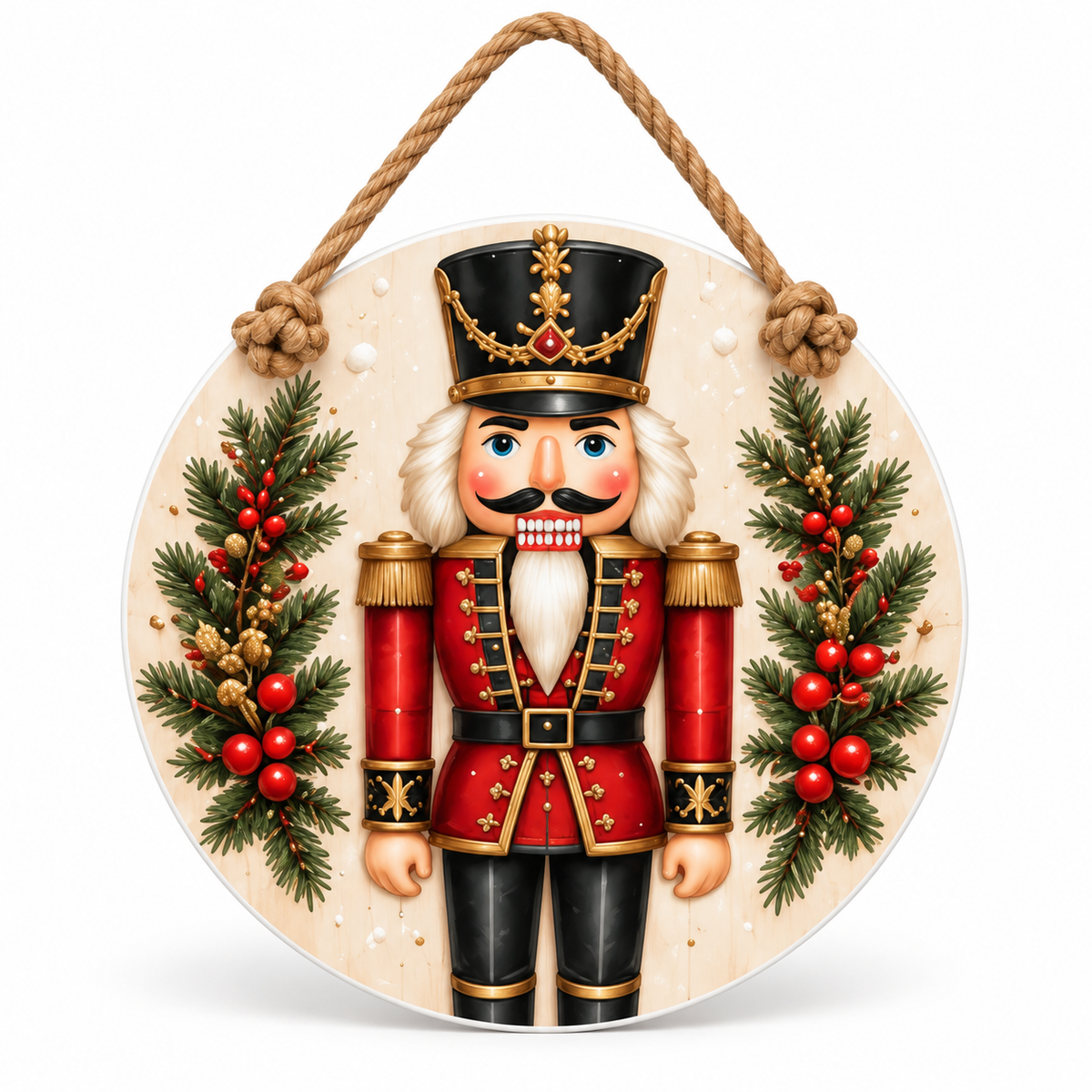 Nutcracker Christmas 15-3/4-Inch PVC Rope Door Hanger white background with soft shadow