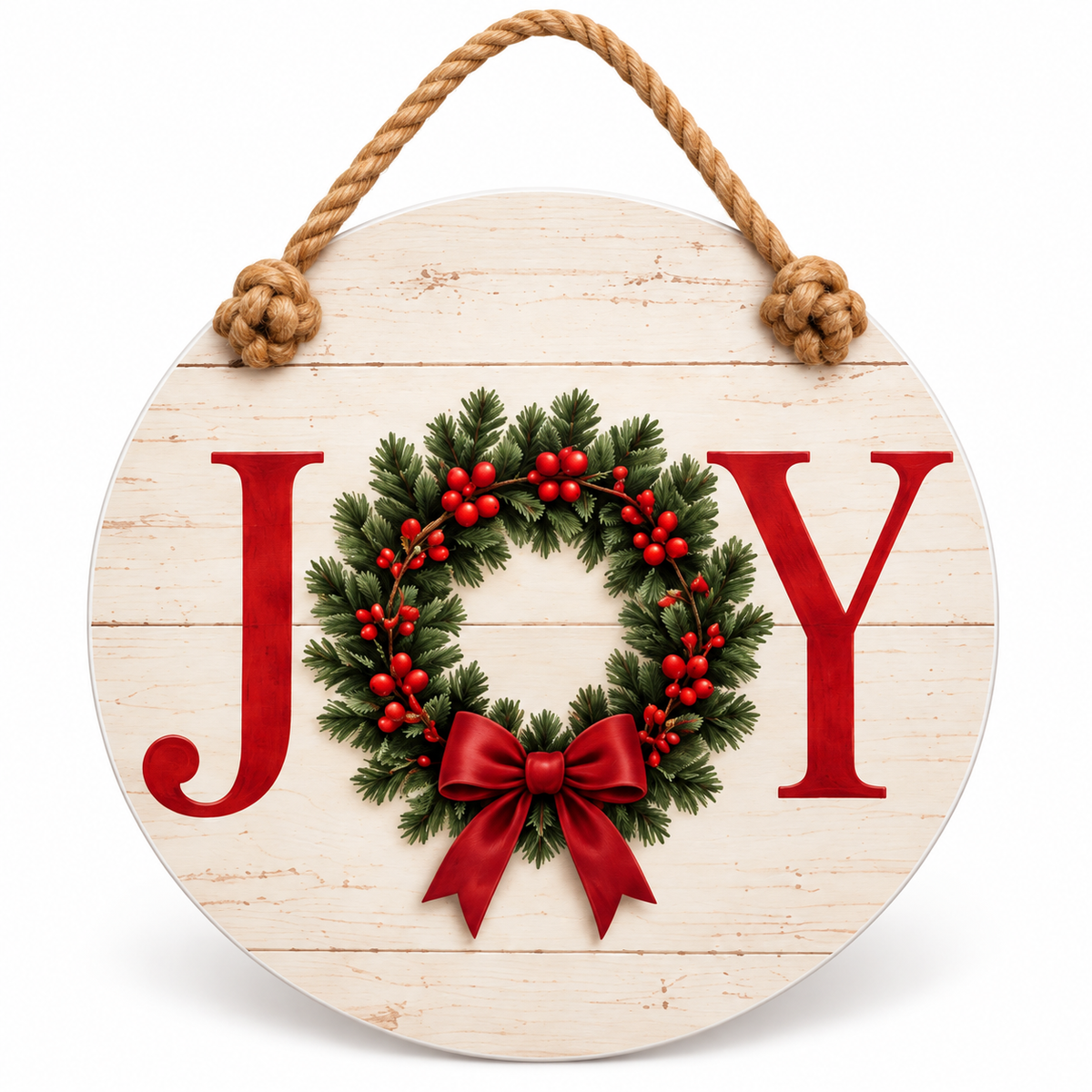 JOY Wreath Christmas 15-3/4-Inch PVC Rope Door Hanger white background with soft shadow