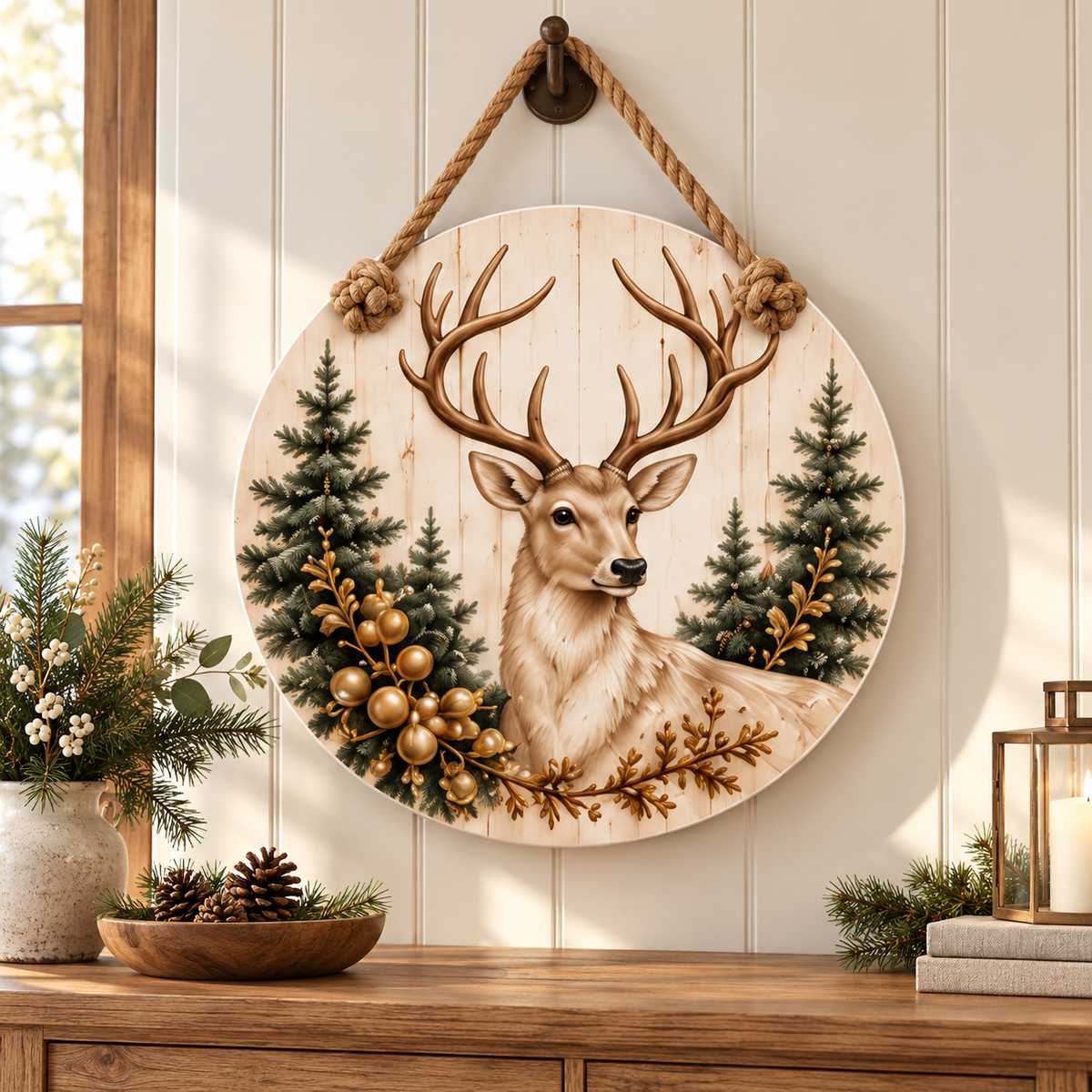 Winter Deer Christmas 15-3/4-Inch PVC Rope Door Hanger entryway lifestyle