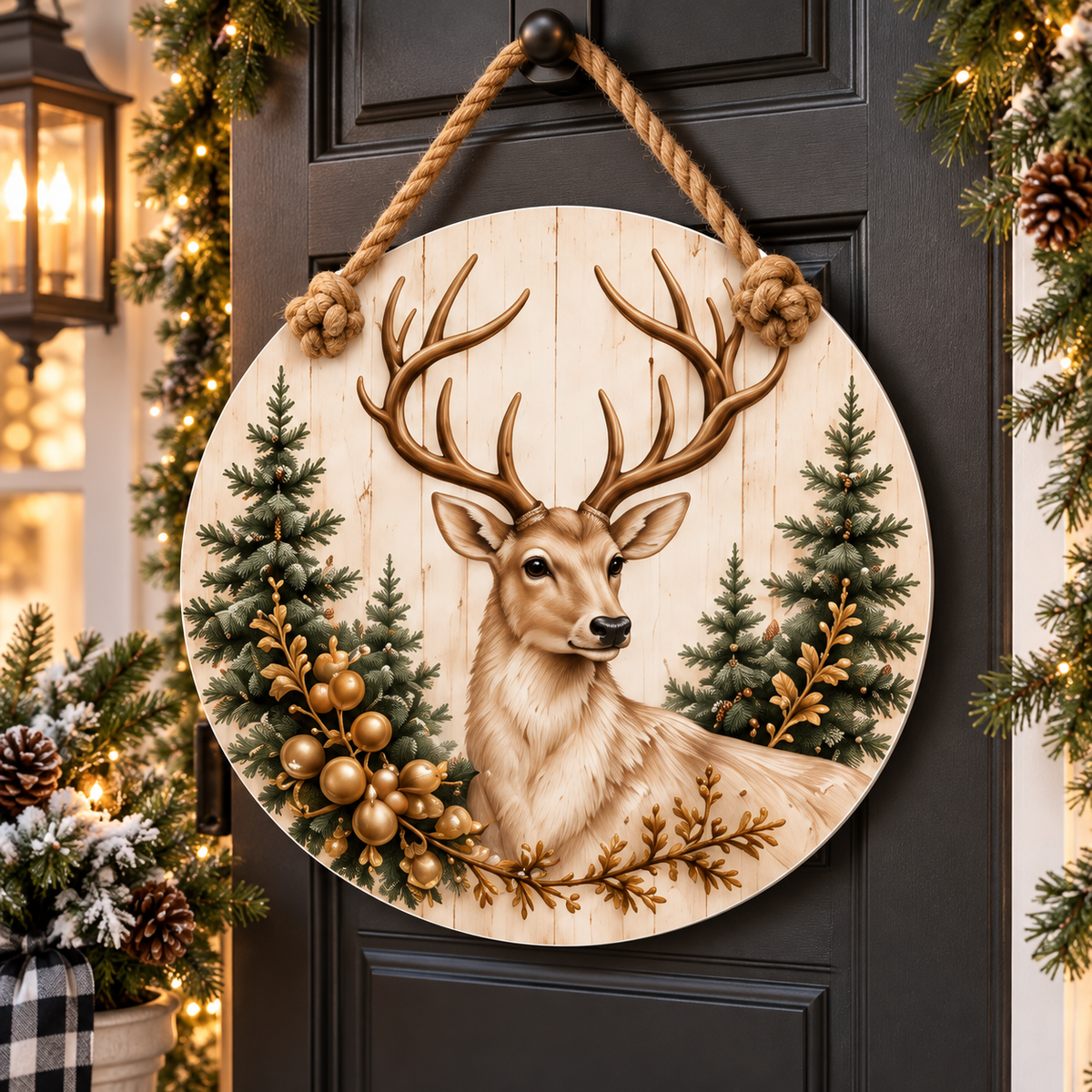 Winter Deer Christmas 15-3/4-Inch PVC Rope Door Hanger porch lifestyle
