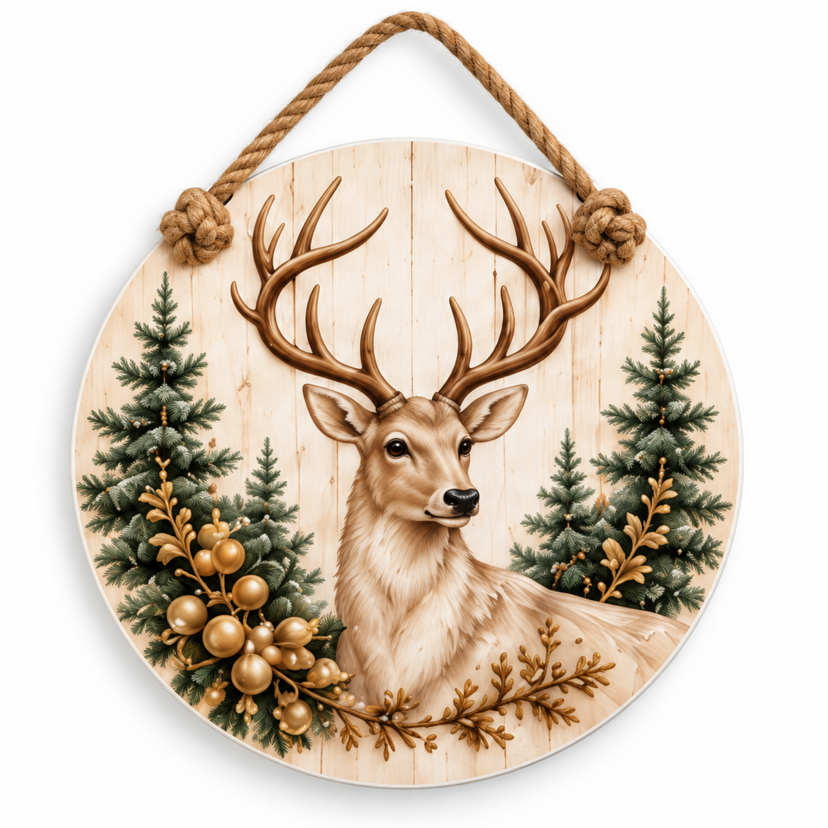 Winter Deer Christmas 15-3/4-Inch PVC Rope Door Hanger white background with soft shadow