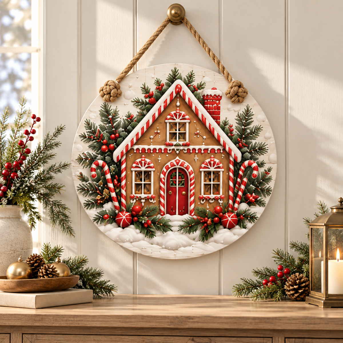 Gingerbread House Christmas 15-3/4-Inch PVC Rope Door Hanger entryway lifestyle