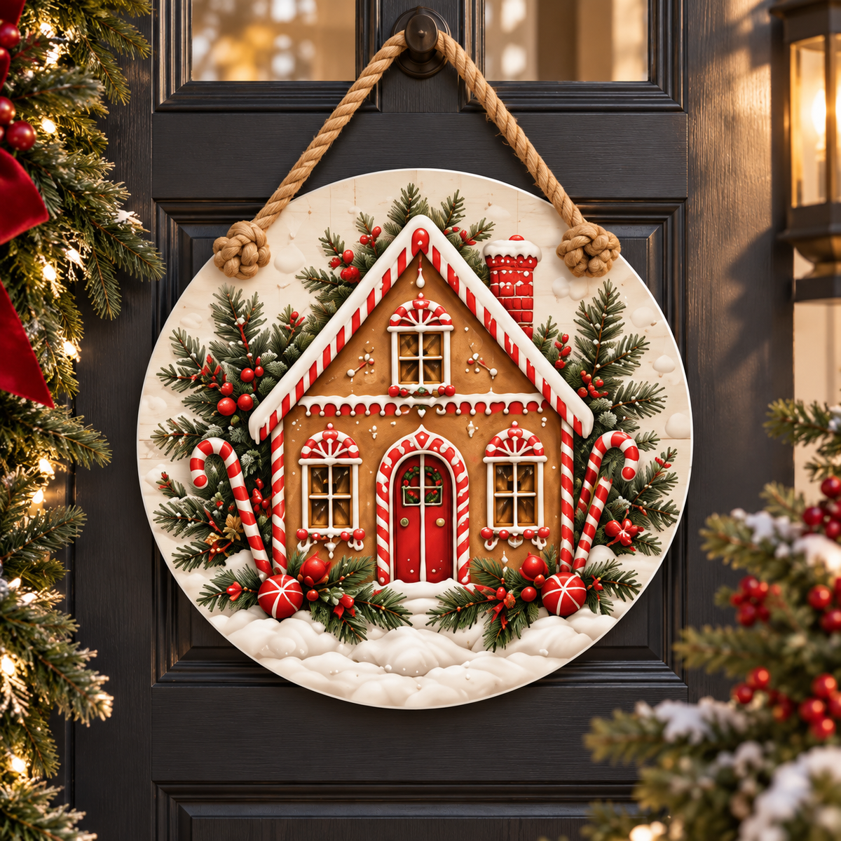 Gingerbread House Christmas 15-3/4-Inch PVC Rope Door Hanger porch lifestyle
