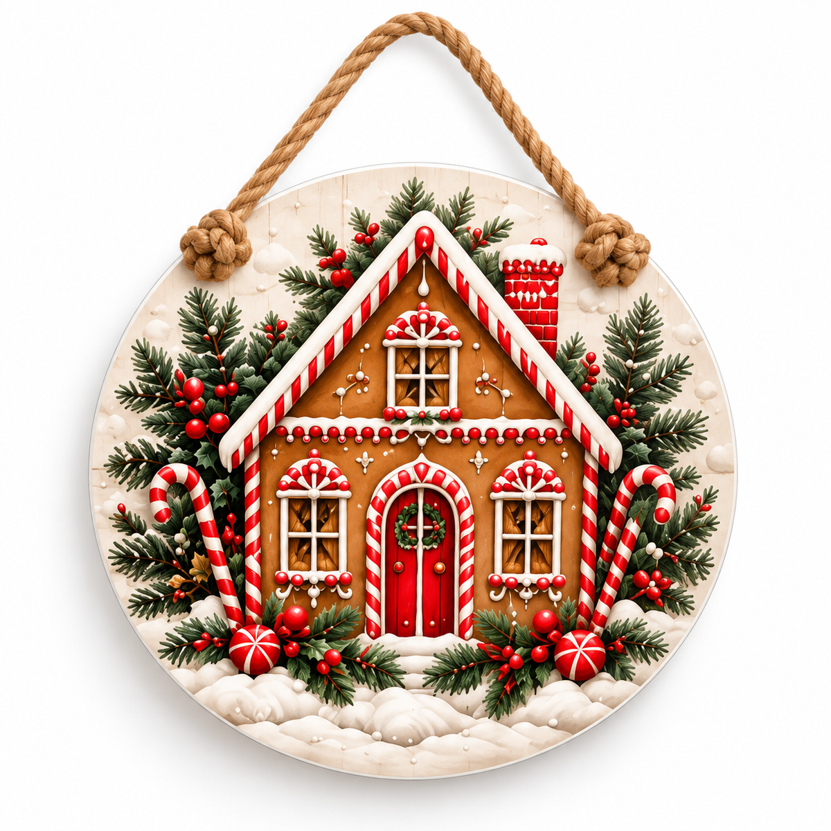 Gingerbread House Christmas 15-3/4-Inch PVC Rope Door Hanger white background with soft shadow