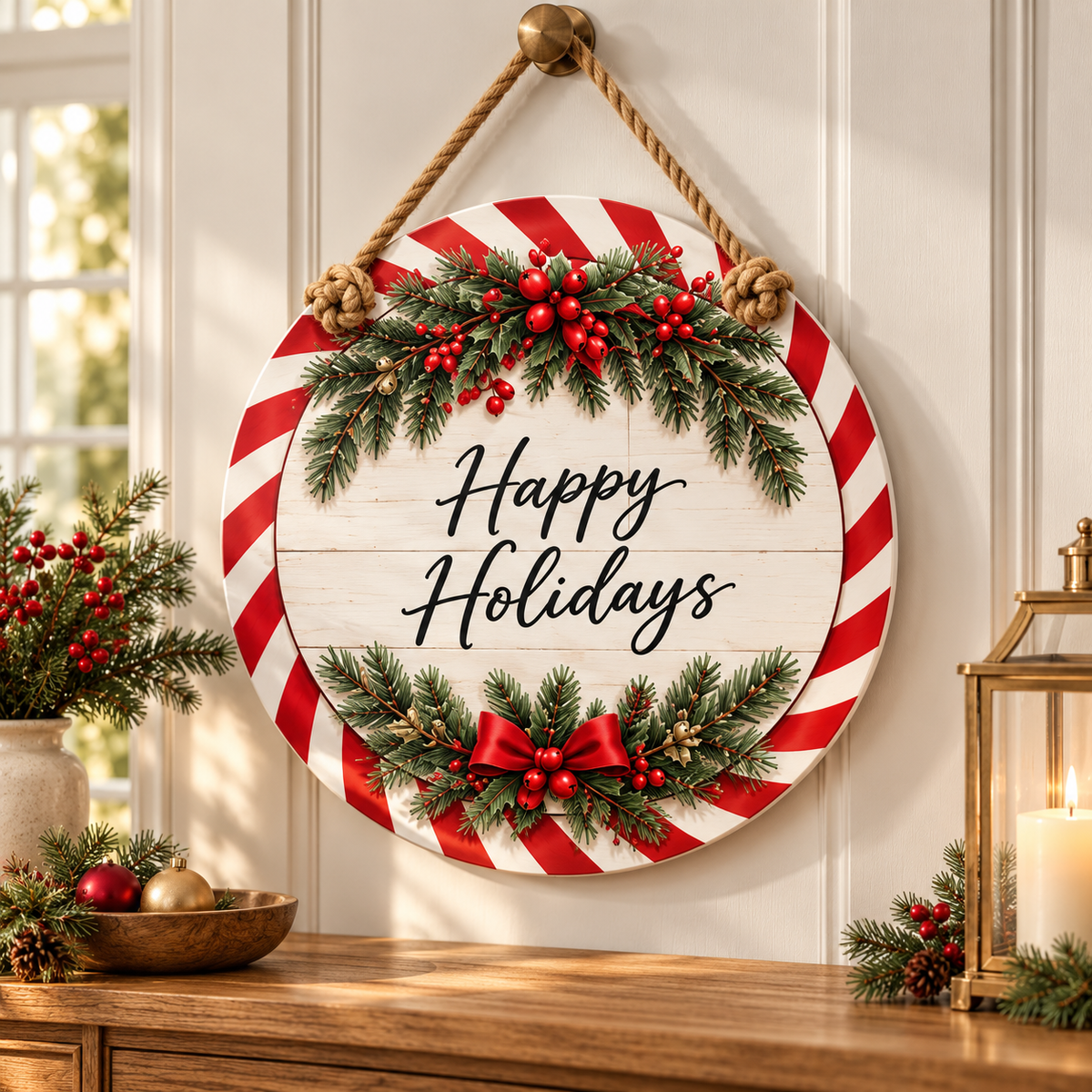 Happy Holidays Peppermint 15-3/4-Inch PVC Rope Door Hanger entryway lifestyle