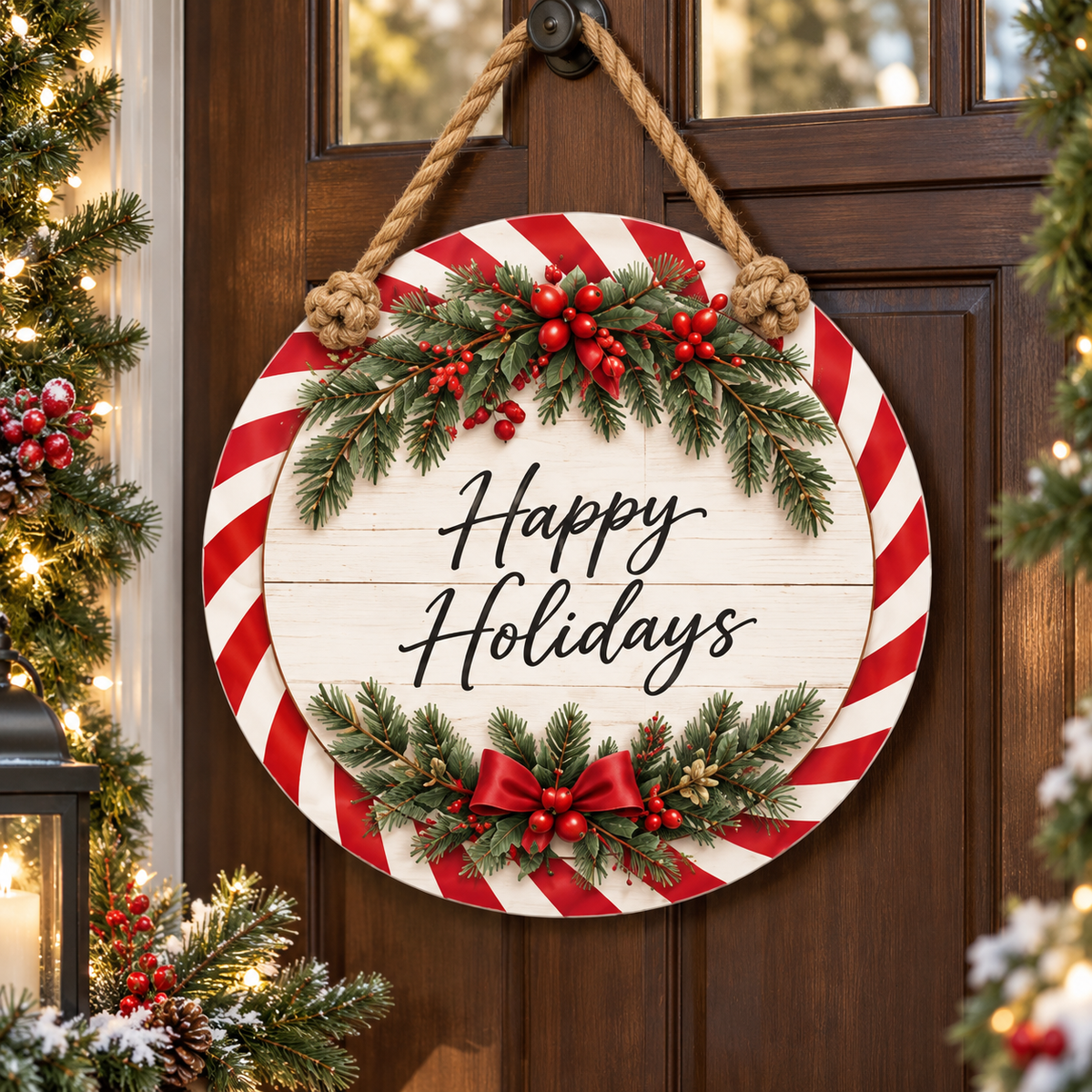 Happy Holidays Peppermint 15-3/4-Inch PVC Rope Door Hanger porch lifestyle