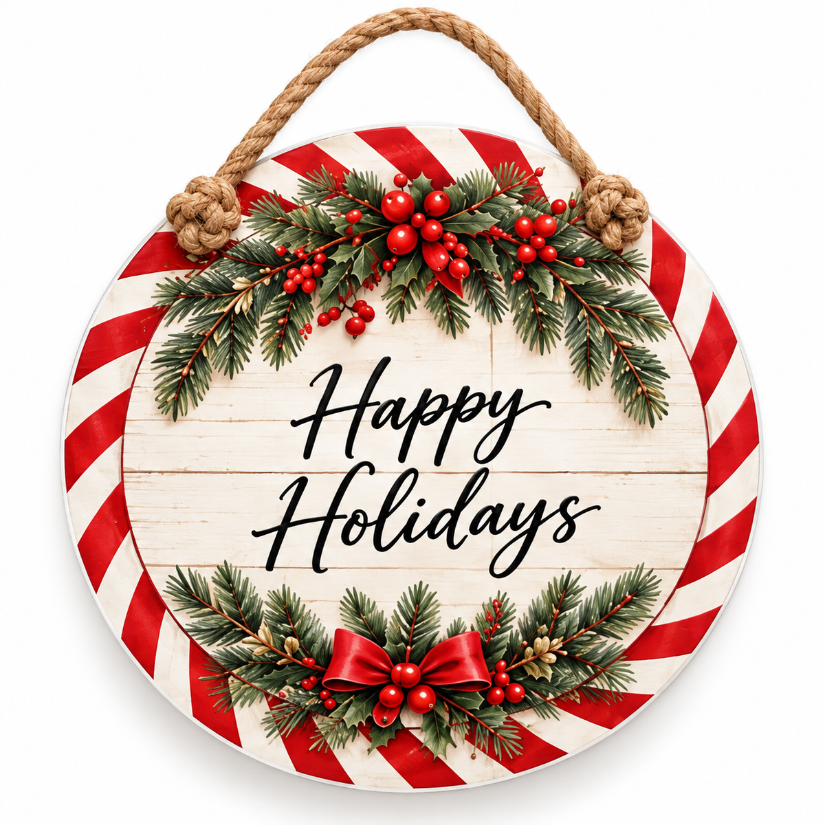 Happy Holidays Peppermint 15-3/4-Inch PVC Rope Door Hanger white background with soft shadow