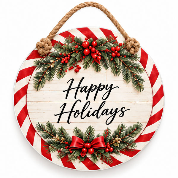 Happy Holidays Peppermint 15-3/4-Inch PVC Rope Door Hanger white background with soft shadow