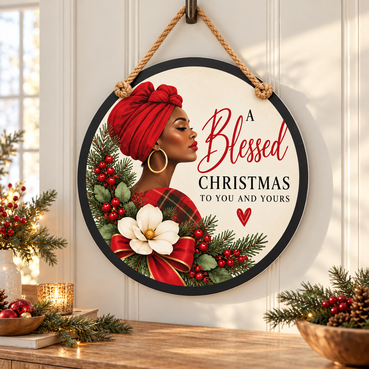 A Blessed Christmas Black Woman 15-3/4-Inch PVC Rope Door Hanger entryway lifestyle