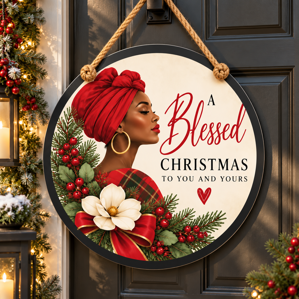 A Blessed Christmas Black Woman 15-3/4-Inch PVC Rope Door Hanger porch lifestyle