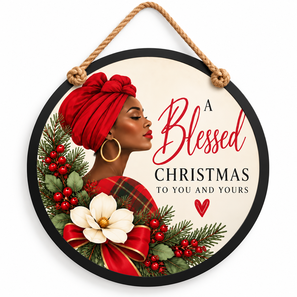 A Blessed Christmas Black Woman 15-3/4-Inch PVC Rope Door Hanger white background with soft shadow