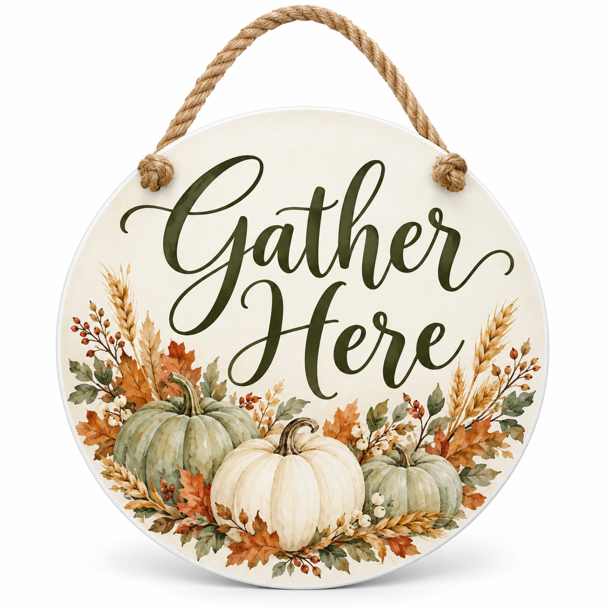 Gather Here Sage Pumpkin Thanksgiving 15.75 inch round PVC door hanger with nautical rope and front knots