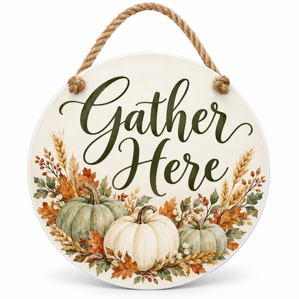 Gather Here Sage Pumpkin Thanksgiving 15.75 inch round PVC door hanger with nautical rope and front knots