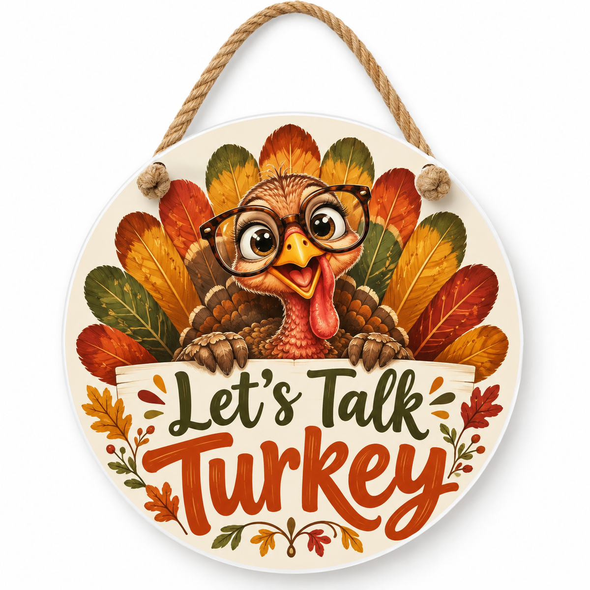 Let’s Talk Turkey Thanksgiving 15.75 inch round PVC door hanger with nautical rope and front knots
